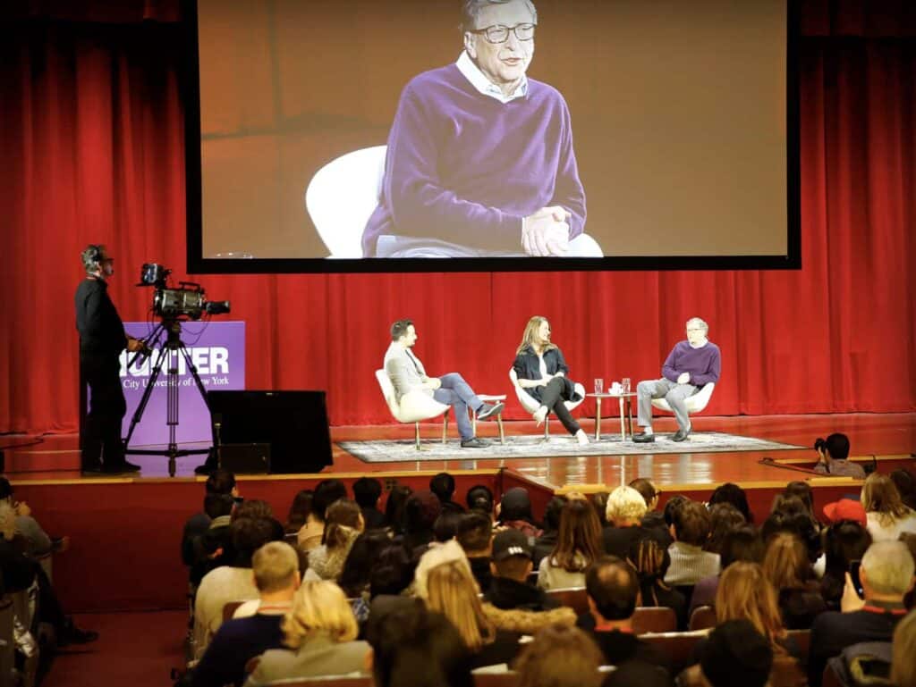 Photo of Hunter College's special guests Bill Gates, Melinda Gates, and Lin-Manuel Miranda for the "10th Annual Letter" live-streamed event.