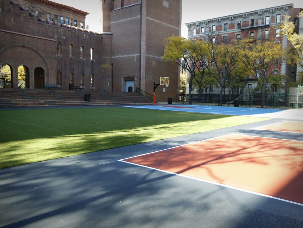 A photo promoting Hunter College's outdoor athletics venues, facilities, and space rentals at locations throughout NYC;