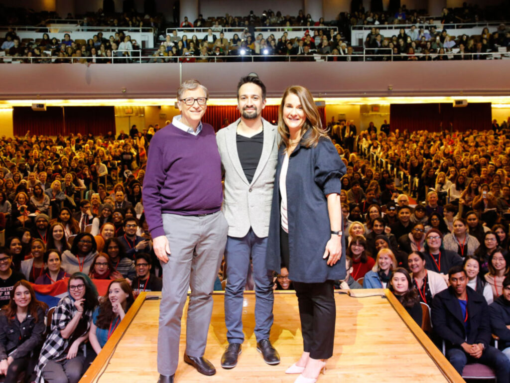 Photo of Hunter College's special guests Bill Gates, Melinda Gates, and Lin-Manuel Miranda for the "10th Annual Letter" live-streamed event.