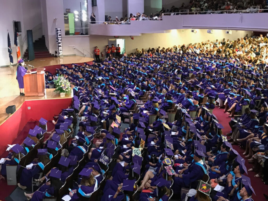 a photo promoting Hunter College's premier large event venue in NYC, Assembly Hall, located on its main campus on 68th Street on Manattan's Upper East Side