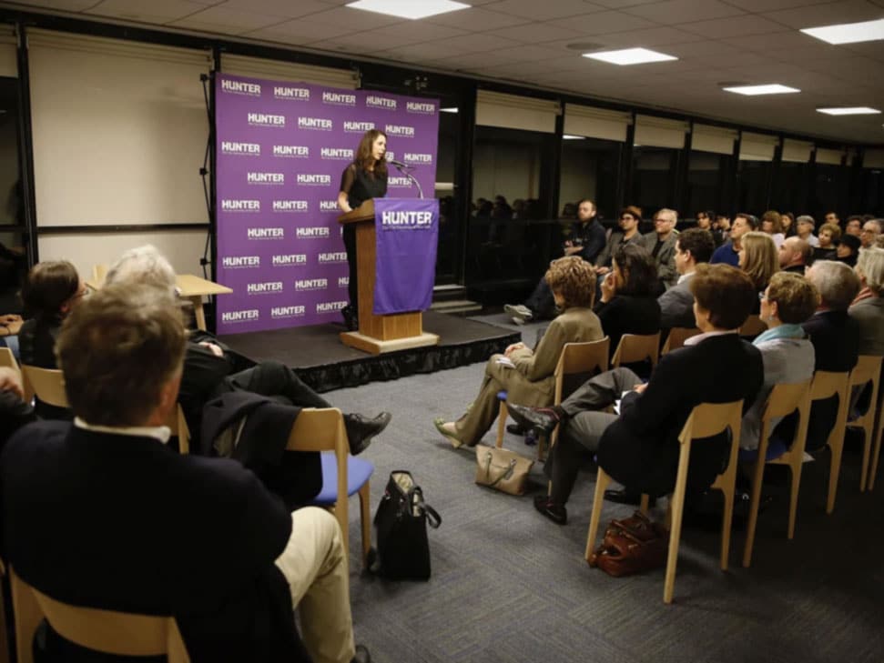 Photo showing Hunter College's faculty dining room as a multifaceted event space for hosting social celebrations, galas and award banquets, and lectures